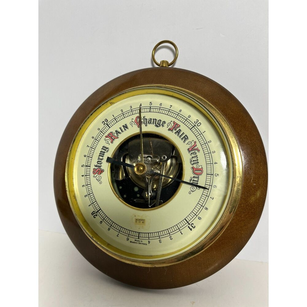 Vintage Hoffritz NY Aneroid Barometer Western Germany Wood Brass 7" Wall